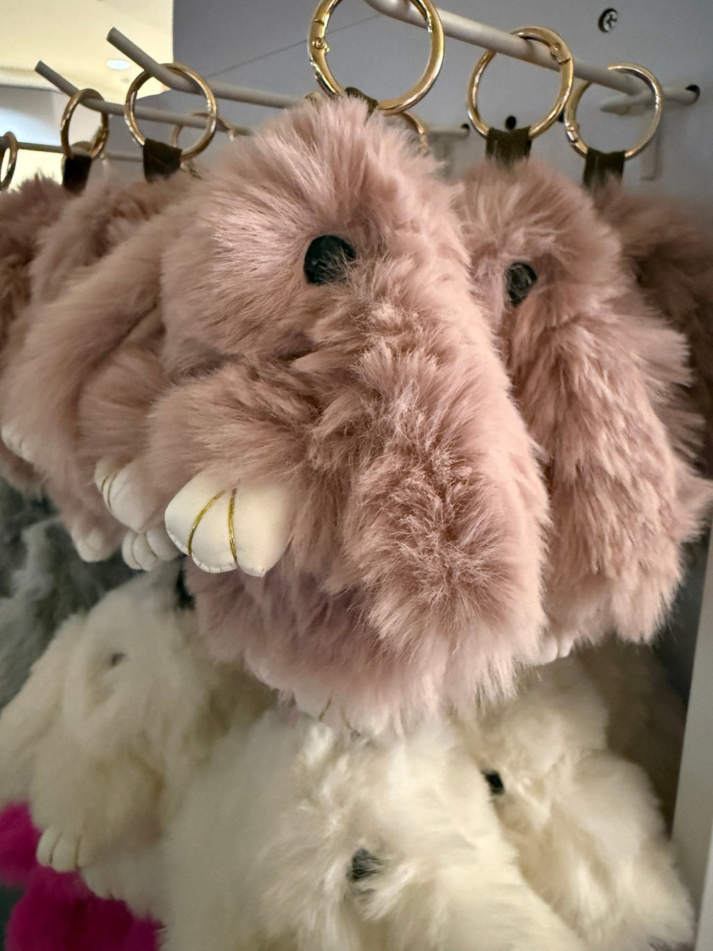 Blush pink fluffy bunny bag charm, original photograph