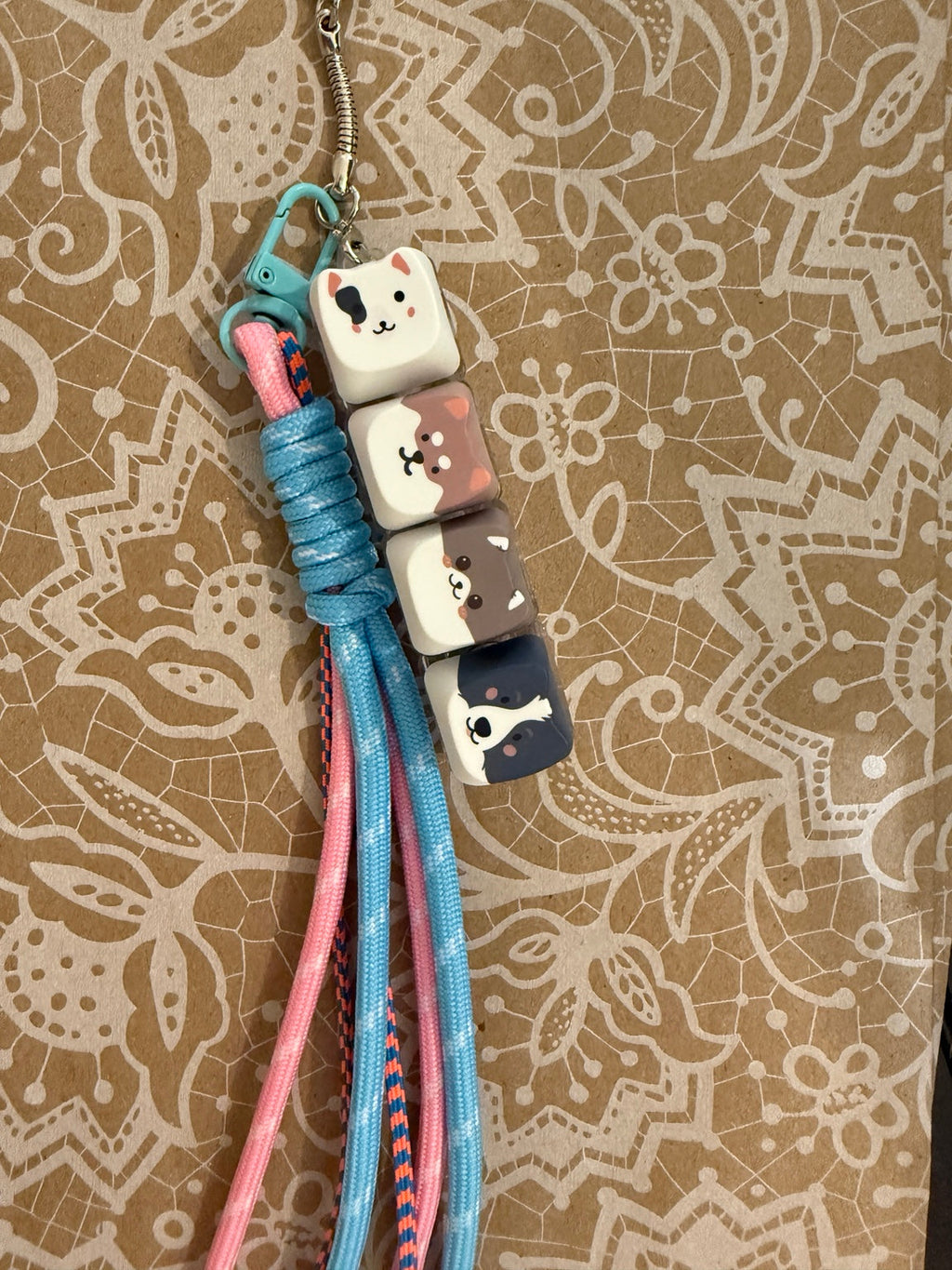 Four animal-face Kitty Clicker keychain with blue and pink cords