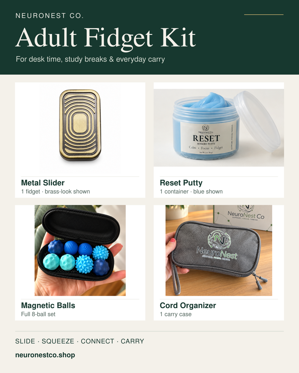 NeuroNest adult fidget gift kit contents: one metal slider, one blue putty tin, eight blue magnetic balls and one gray organizer