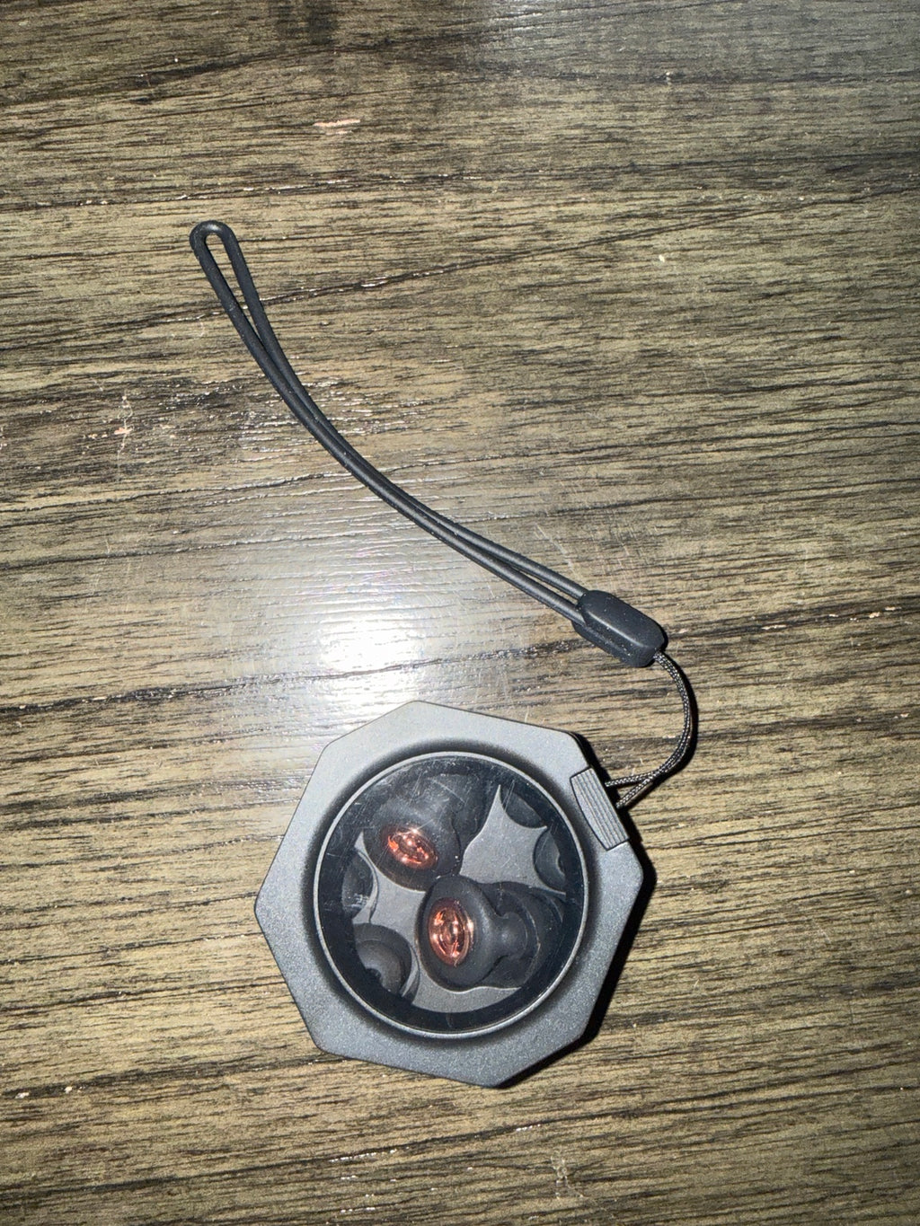 RESET earbuds in their closed carrying case with wrist strap