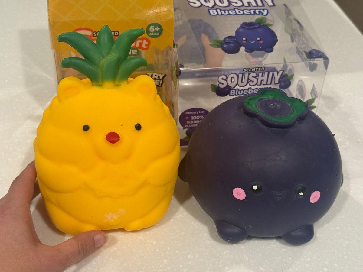Unboxed pineapple and blueberry squishies included in the gift set; outer gift box not pictured