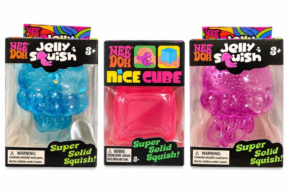 White background mockup showing blue and pink NeeDoh Jelly Squish and pink NeeDoh Nice Cube